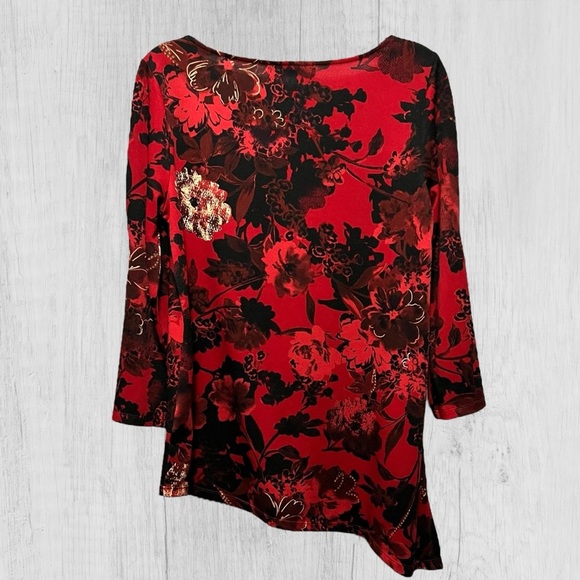 Kasper Red & Black Top With Gold Accents Size Small Asymmetrical Hem Stretch LNC - Picture 9 of 9